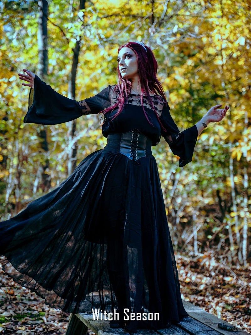 OCHENTA Women's Casual Cotton Long Maxi Skirt Flowy Boho for Summer Beach Goth Fairy Renaissance Weekend Skirts Black 95CM - Image 4
